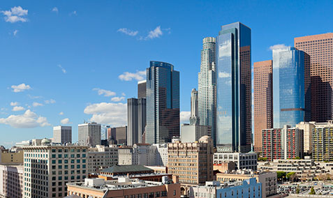 los angeles city skyline with skyscrapers in daylight